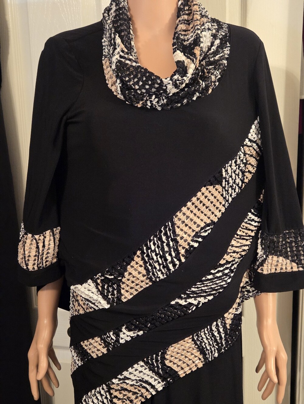 Joseph Ribkoff Black Tunic with Beige and White Patterned Panels